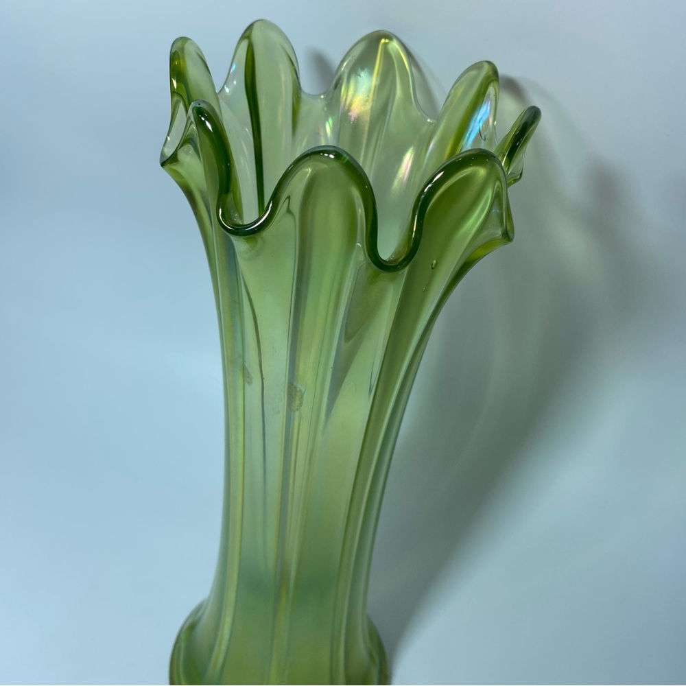 12,5 inches tall vintage Northwood green Carnival glass swung vase